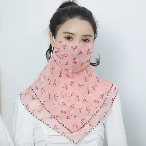 夏季防晒两用口罩女雪纺丝巾护颈可清洗防紫外线花朵骑车双层围脖