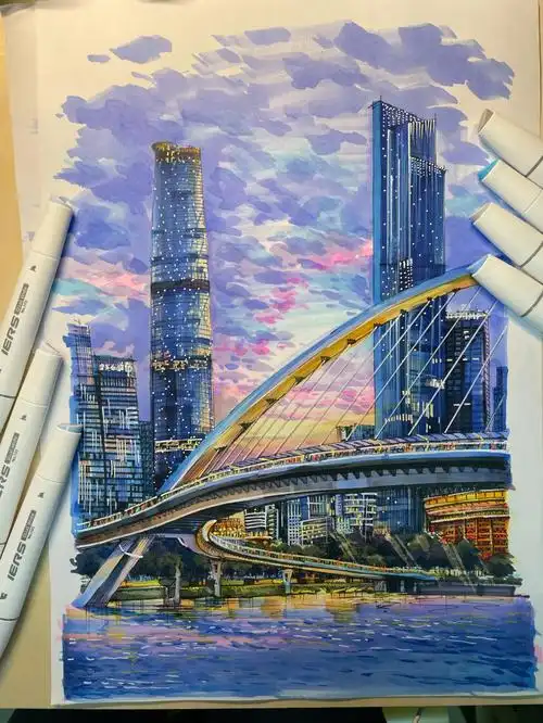 马克笔手绘海心桥步骤