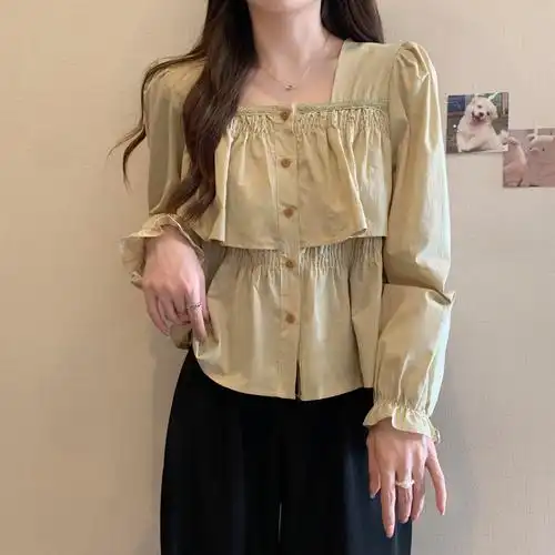 大码法式方领荷叶边长袖衬衫衣服秋季胖妹妹设计感洋气遮肉短上