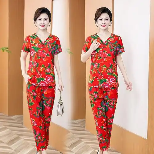直播款中老年夏季家居服两件套时尚妈妈装睡衣套装广场舞东北大花