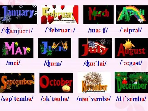 十二个月份的名称,序数词1-31的表达法以及日期表达法.