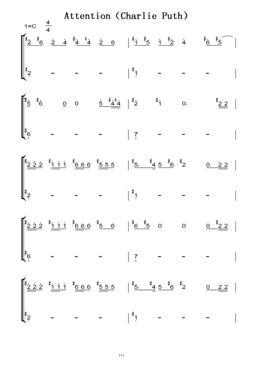 attention(charlie puth)c大调 钢琴谱 钢琴双手简谱