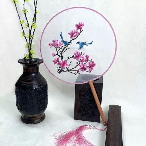 真丝半透明双面刺绣木柄圆形宫扇扇子古风汉服旗袍舞蹈团扇