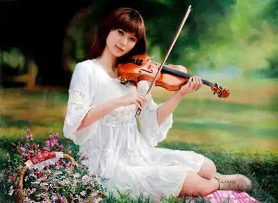 朝鲜功勋艺术家李吉虎《拉小提琴的女孩》朝鲜油画