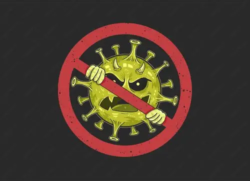 停止covid-19警告隔离病毒宣传标语凶狠的病毒卡通插画矢量素材