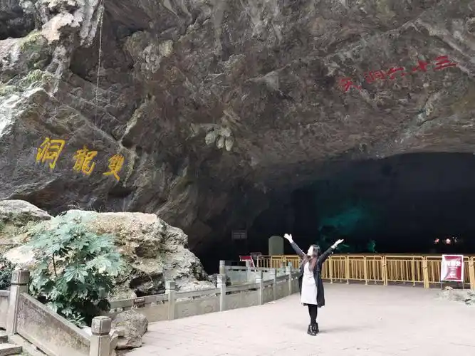 洞口轩朗,两侧分悬的钟乳石一青一黄,酷似两龙双龙洞头,两龙头在外洞