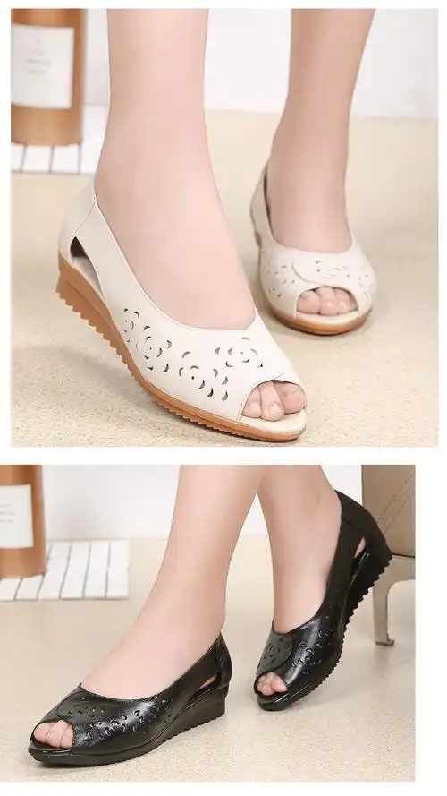 大码女凉鞋4043宽胖脚女鞋加肥加大号鱼嘴鞋坡跟妈妈鞋夏季软底防滑中