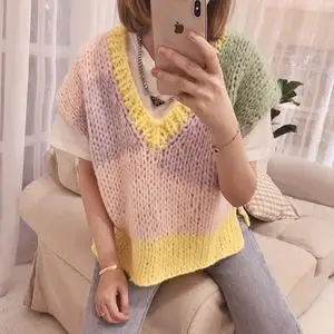 纯手工编织毛衣马甲女马卡龙拼色粗毛线v领套头宽松针织背心坎肩