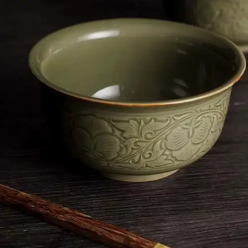 倩楠越窑中式刻画青瓷陶瓷碗汤碗拉面碗餐具家用菜碗大号家用饭碗