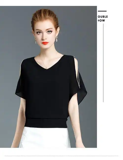 洋气雪纺衫女短袖仙黑色蝙蝠袖时尚小衫遮肚子显瘦露肩上衣 黑色 s