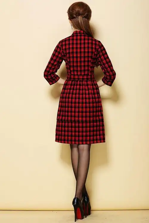 2014秋冬新款苏格兰立领复古修身红格子中长裙七分袖连衣裙8957x