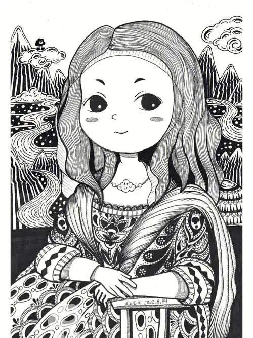 910岁创意美术名画转线描蒙娜丽莎的微笑