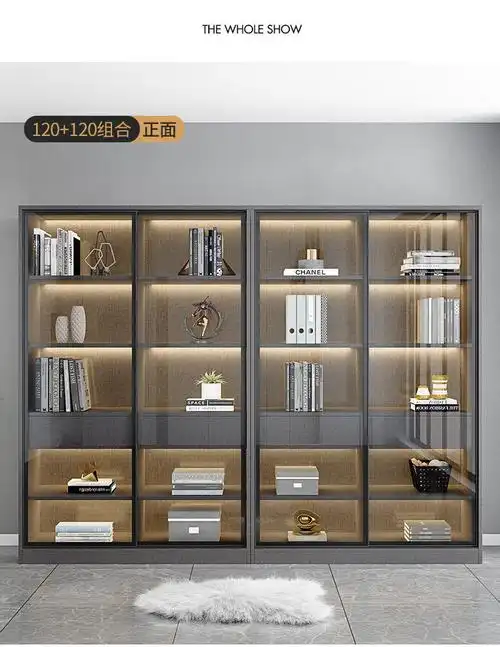 轻奢玻璃门书柜简约现代推拉门展示柜客厅靠墙落地书架储物柜书橱 a款