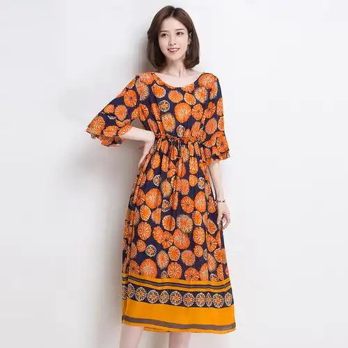 新款桑蚕丝连衣裙女款圆领荷叶袖真丝连衣裙宽松显瘦大码装真丝长裙