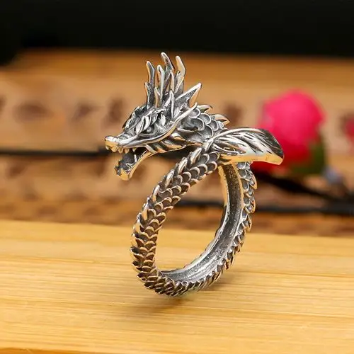 批发个性龙戒指男女情侣潮人开口食指环复古镀泰银时尚银饰品