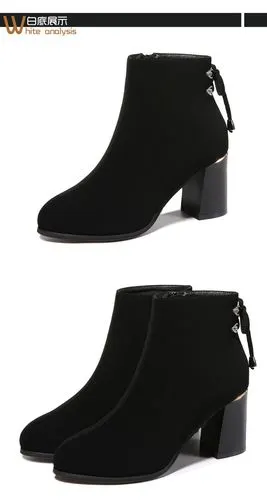 圆头粗跟显瘦绣腿时尚短靴 侧拉链休闲潮流简约百搭妈妈女靴 2083黑色
