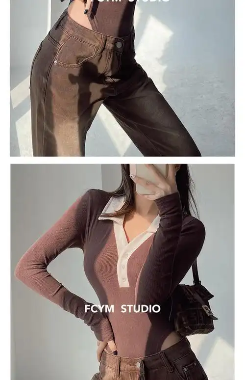 朦胧杏辣妹三角连体衣女t恤欧美风紧身显瘦翻领拼色长袖针织打底衫