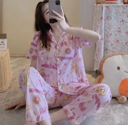 夏季新款短长牛奶丝开衫韩版ins夏天外贸睡衣休闲家居服睡衣套装 - 17