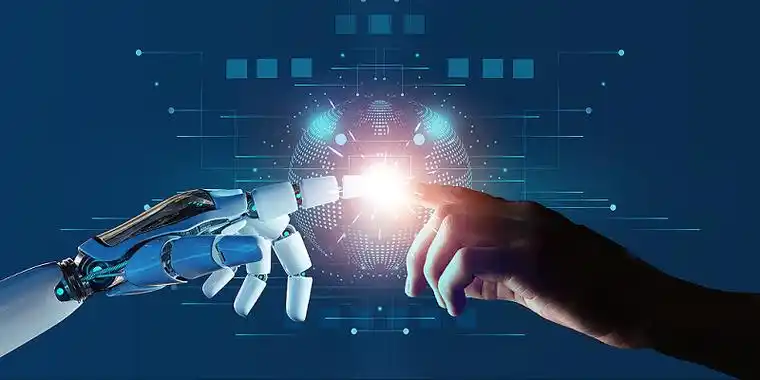 蓝色科技感点击机器人手指手势人工智能发展光效背景科技发展