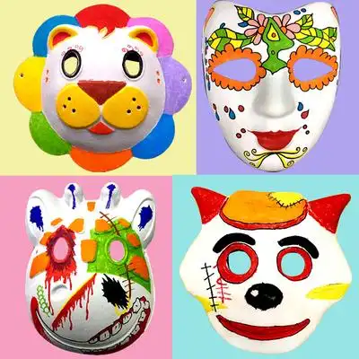 圣诞节diy白色动物纸浆面具儿童空白手绘白模涂色幼儿园绘画脸谱