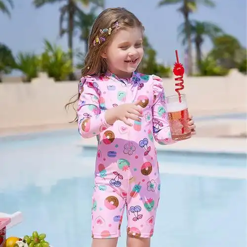 潮范儿童泳衣女童长袖游泳衣连体女孩宝宝洋气防晒沙滩度假冲浪服