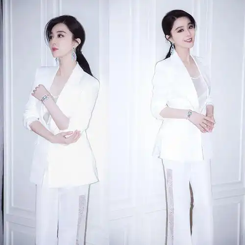 范冰冰明星同款气质白色西装套装女韩版时尚ol蕾丝拼接西服三件套