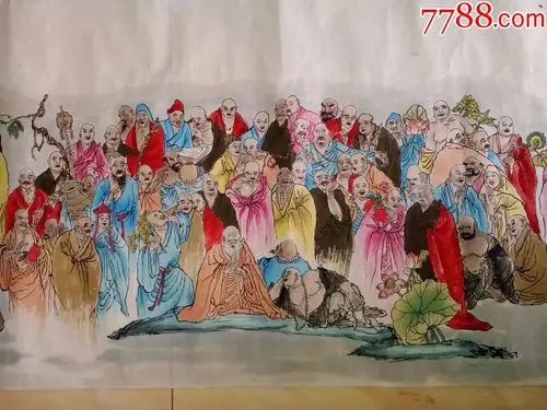 保证纯手工绘画,五百罗汉图长卷,非常的罕见,没有落款,有印章