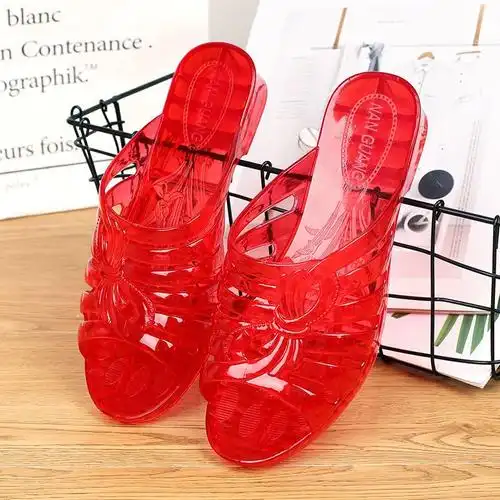 水晶拖鞋女果冻防滑女士室外拖鞋家居浴室塑料凉拖鞋透明防臭坡跟红色