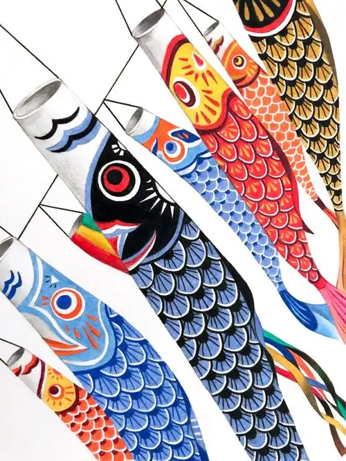 【手绘插画】彩铅绘画教程 日本鲤鱼旗91