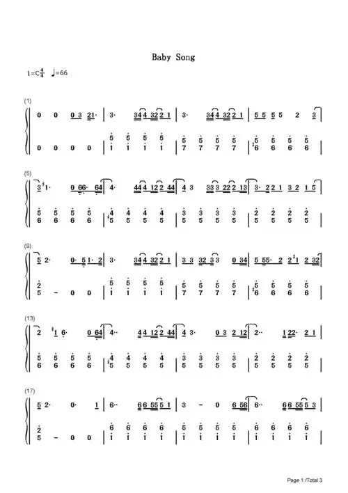 baby song钢琴谱_陈奕迅_c调 _流行钢琴双手简谱_钢琴谱|钢琴五线谱