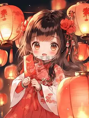 新年灯笼女孩插画手绘海报