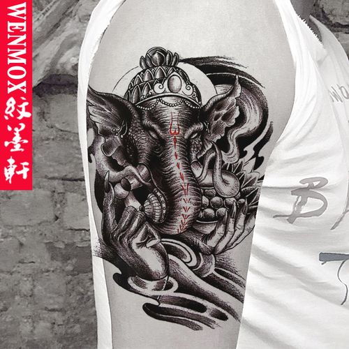刺青贴纸 男女款泰国火焰象神大花臂纹身贴纸 象神