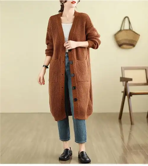 实拍春装新款羊绒大码针织开衫外套复古宽松慵懒风中长款毛衣外