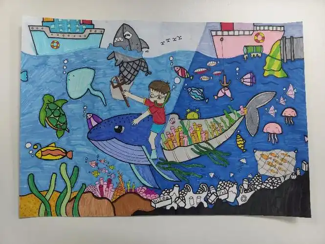 "爱护蓝色家园,保护海洋环境"主题儿童绘画-图6