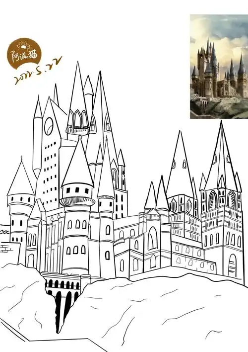 画了霍格沃茨城堡和日式咖啡厅.