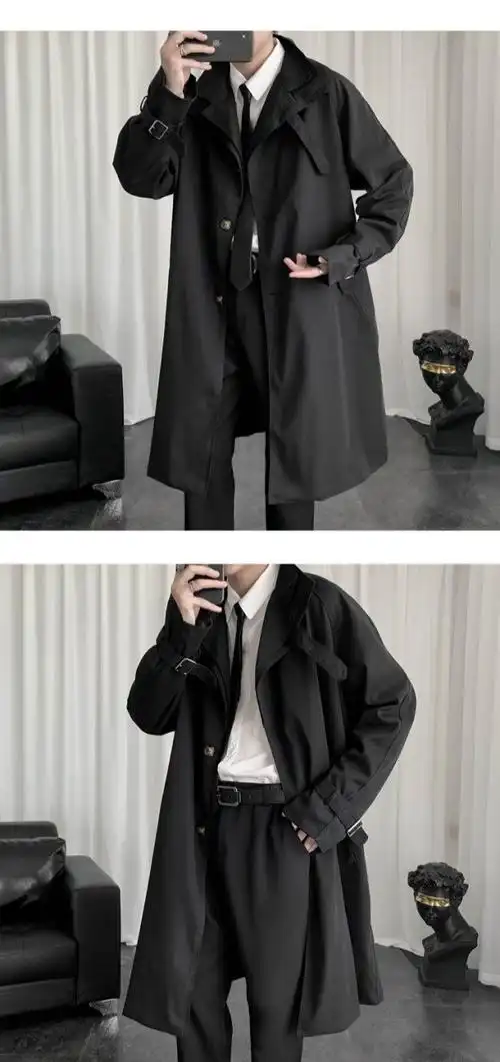 2021春秋季中长款风衣潮流百搭宽松大衣港风潮牌韩版ins男士49黑色s