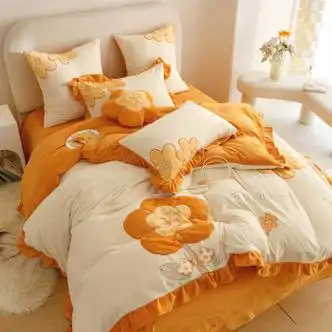悠客家秋冬季清新保暖牛奶绒四件套花朵贴布刺绣加厚珊瑚绒被套床上