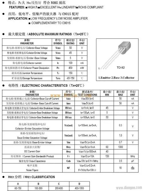 小功率npn三极管9014技术参数及引脚图
