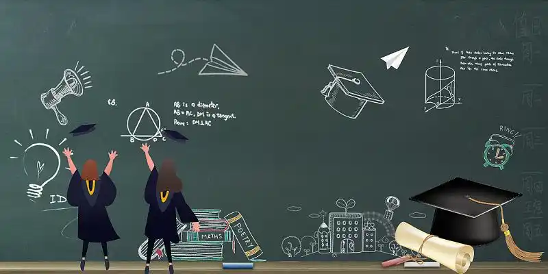 毕业季黑板手绘粉笔卡通学士服人物学生背影毕业季展板背景