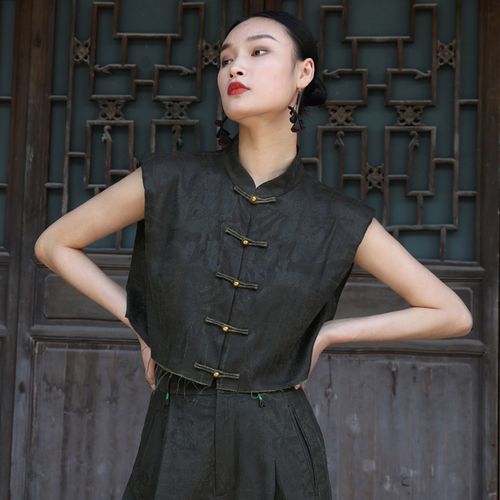 真丝老料香云纱花萝短款上衣女22夏新中式国风复古桑蚕丝年轻茶服