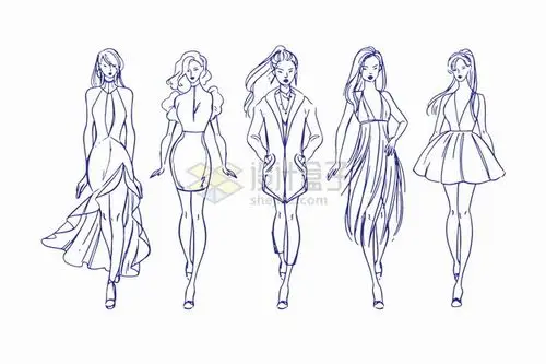 5款时装模特儿走猫步走秀线条素描插画png图片素材 人物素材-第1张