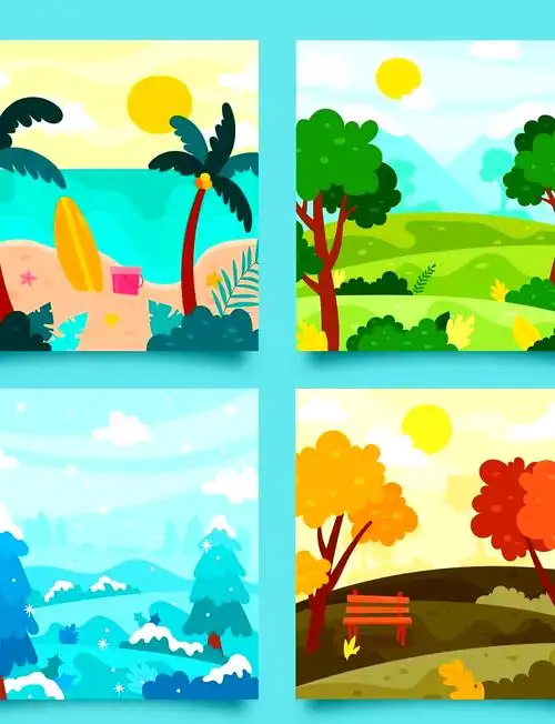 四季变换插画集 探索这组四季交替的风景插画,每一季都有它独特的魅力
