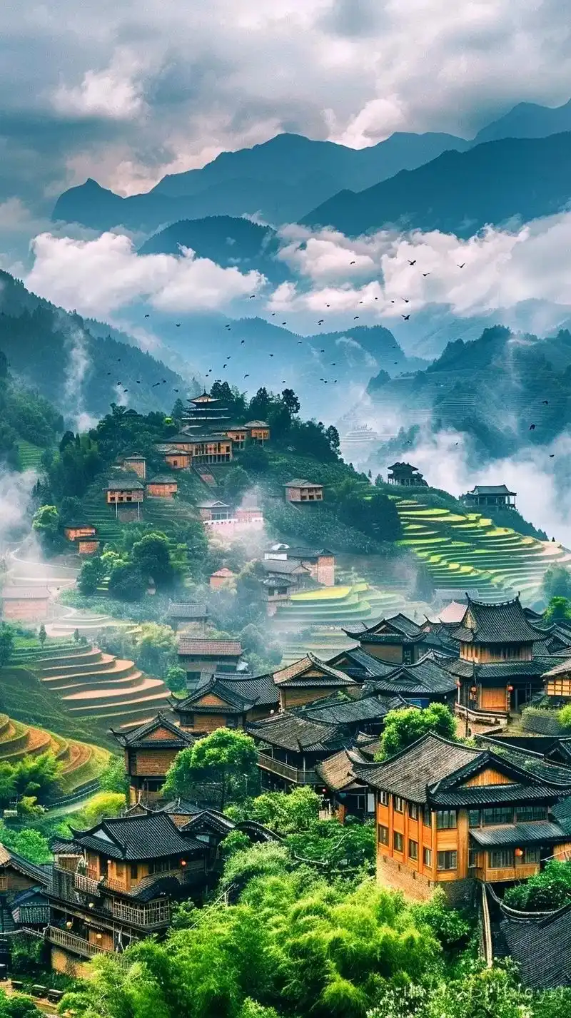 看到贵州如此美景,千年苗寨,翠绿梯田,佛塔入云;高耸寺庙,云雾缭绕