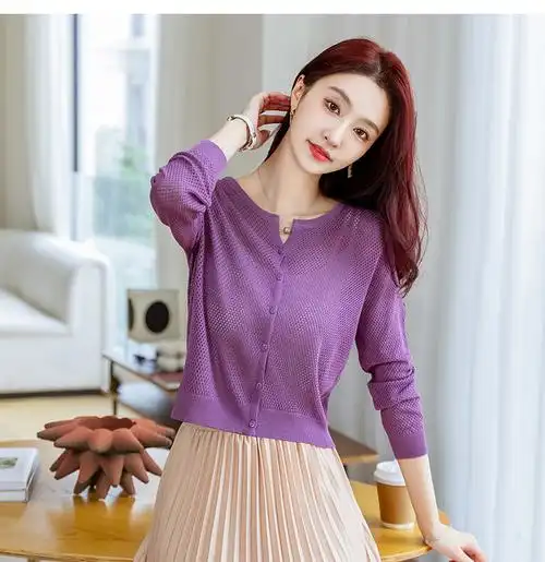 实拍7121夏天新款女冰丝针织开衫镂空圆领短款长袖薄款