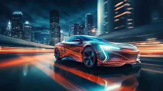 科技感汽车创意3d素材一辆未来主义的电动汽车在霓虹灯照耀的城市景观