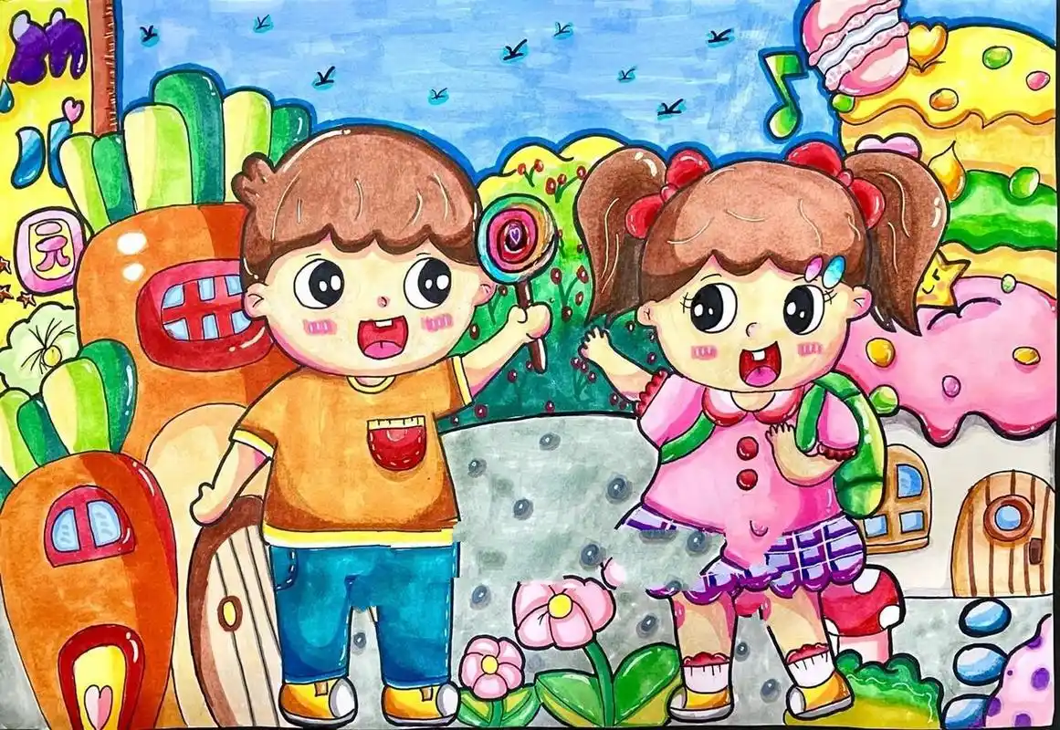 上学路上主题画|儿童简笔画 上学路上主题画,儿童简笔画.