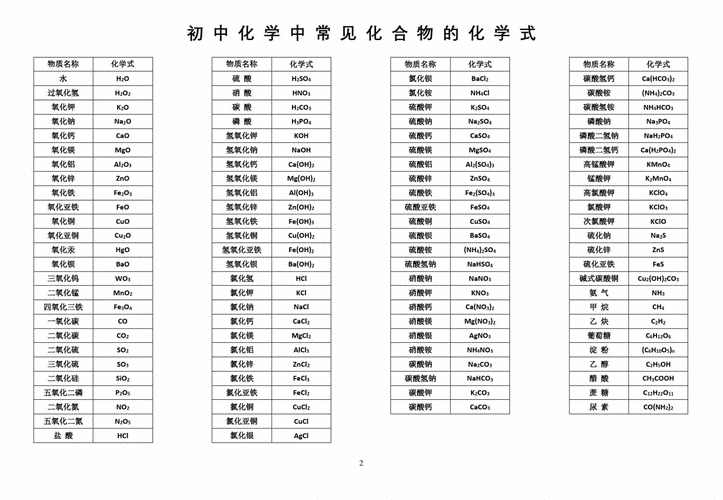 初中化学中常见化合物的化学式pdf2页
