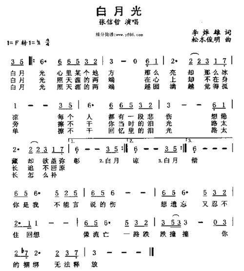 张信哲白月光简谱,张信哲白月光歌谱,张信哲白月光歌词,曲谱,琴谱