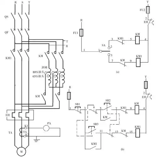接触器km线圈得电动作,km五个主触点同时闭合,两个主触点将自耦变压器