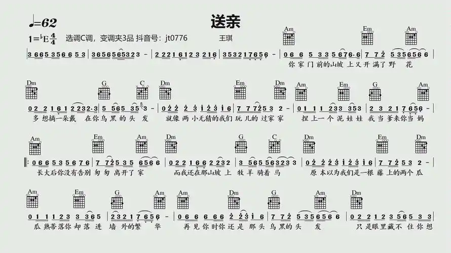 王琪 - 送亲 吉他c调动态谱